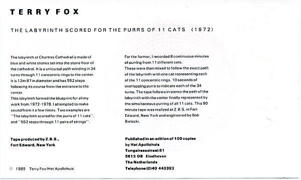 Terry Fox - The Labyrinth Scored For The Purrs Of 11 Cats | Het Apollohuis (none) - 2 Terry Fox - The Labyrinth Scored For The Purrs Of 11 Cats | Het Apollohuis (none) - 2