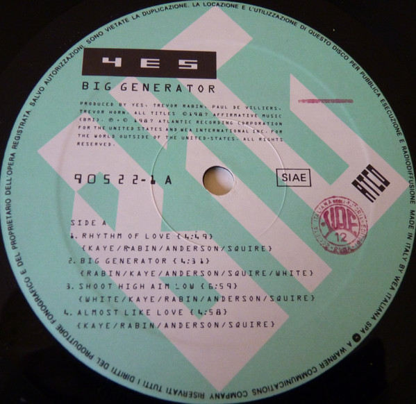 Yes - Big Generator | ATCO Records (90522-1) - 3