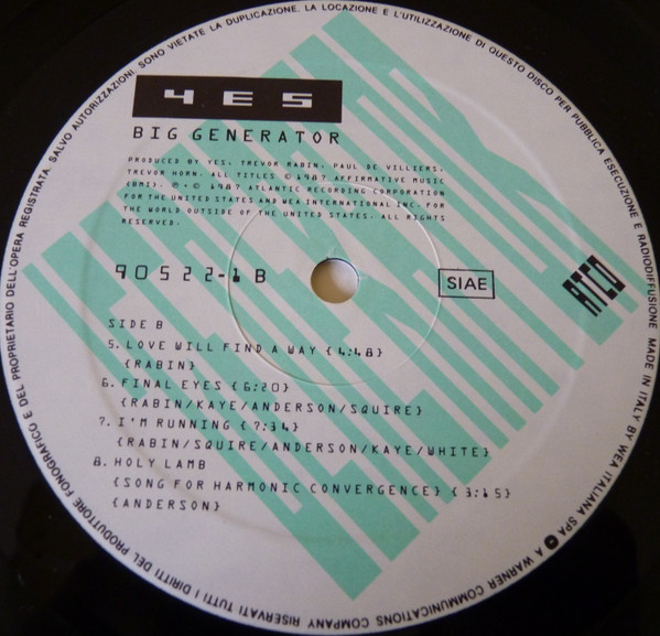 Yes - Big Generator | ATCO Records (90522-1) - 4