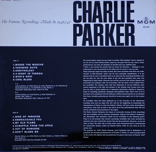 Charlie Parker - "Bird" Symbols | MGM Records (65104) - 2 Charlie Parker - "Bird" Symbols | MGM Records (65104) - 2