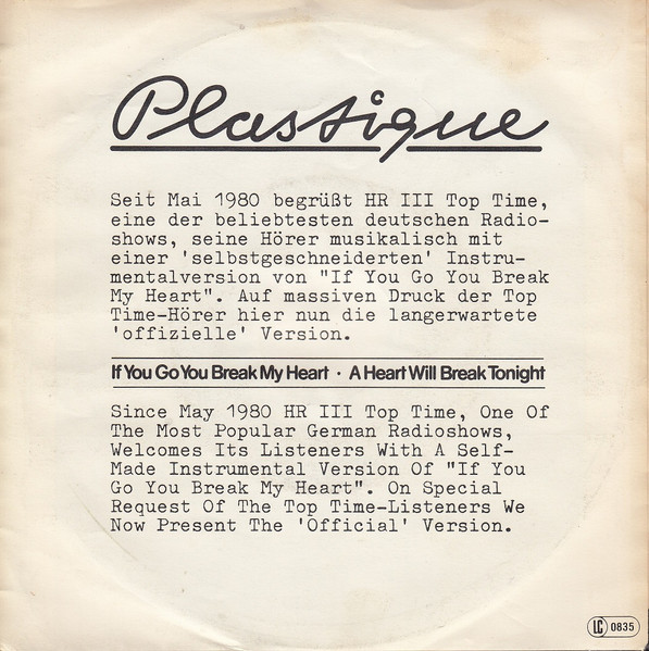 Plastique - If You Go You Break My Heart | HANSA International (103 067) - 3