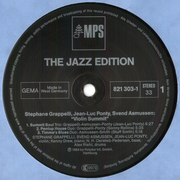 Stéphane Grappelli , Jean-Luc Ponty , Stuff Smith , Svend Asmussen - Violin Summit | MPS Records (821 303-1) - 3