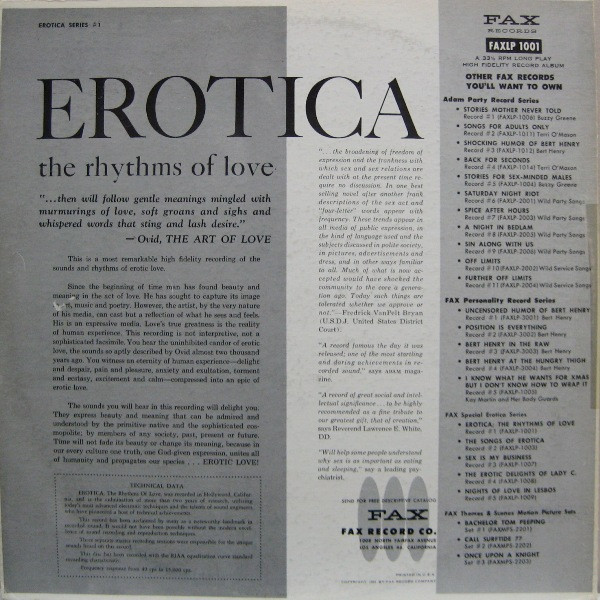 No Artist - Erotica - The Rhythms Of Love | Fax Record Company (FAX-LP-1001) - 2