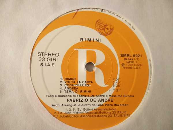 Fabrizio De André - Rimini | Ricordi (SMRL 6221) - 3 Fabrizio De André - Rimini | Ricordi (SMRL 6221) - 3