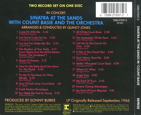 Frank Sinatra With Count Basie Orchestra Arranged & Conducted By Quincy Jones - In Concert: Sinatra At The Sands | Reprise Records (7599-27037-2) - 2 Frank Sinatra With Count Basie Orchestra Arranged & Conducted By Quincy Jones - In Concert: Sinatra At The Sands | Reprise Records (7599-27037-2) - 2