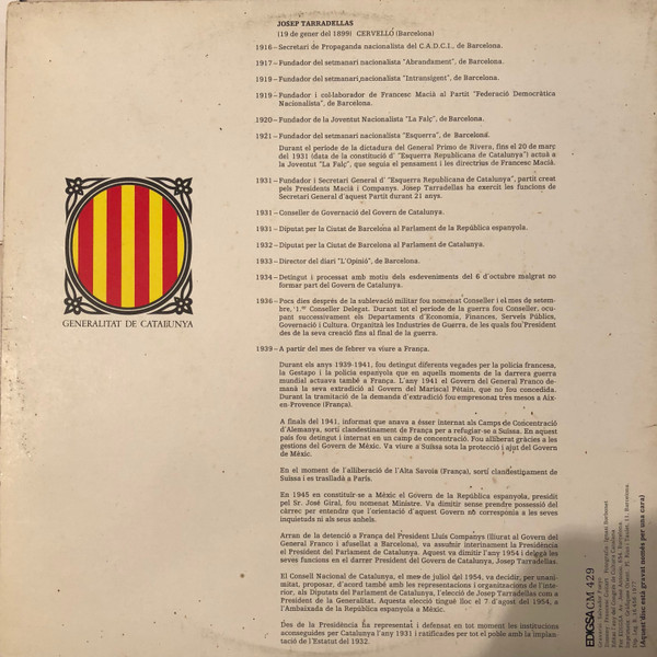 Josep Tarradellas - Parla: Josep Tarradellas President de la Generalitat de Catalunya | Edigsa (CM 429 LP) - 2