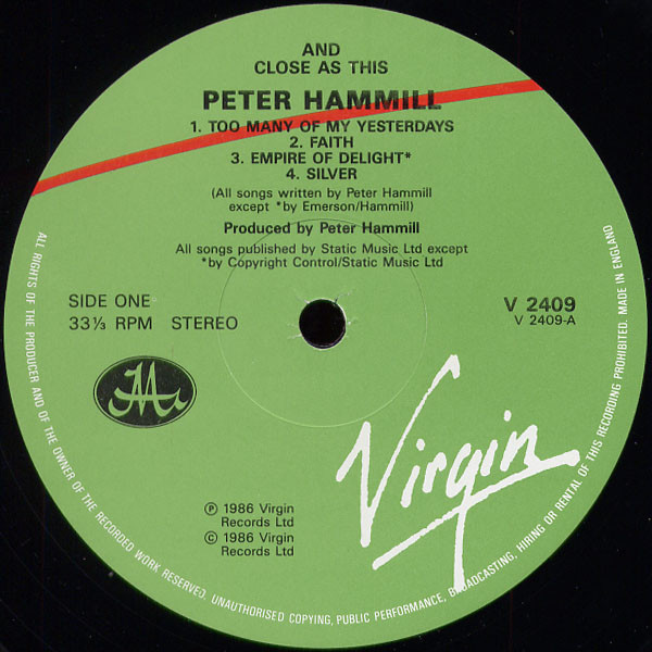 Peter Hammill - And Close As This | Virgin (V2409) - 3