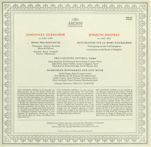 Johannes Ockeghem / Josquin Des Prés - Pro Cantione Antiqua - Missa Pro Defunctis / Déploration Sur La Mort D'Ockeghem | Archiv Produktion (2533 145) - 2