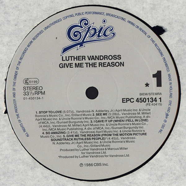 Luther Vandross - Give Me The Reason | Epic (EPC 450134 1) - 3