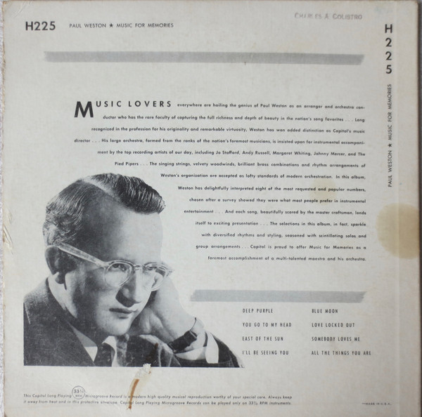 Paul Weston And His Orchestra - Music For Memories | Capitol Records (H225) - 2