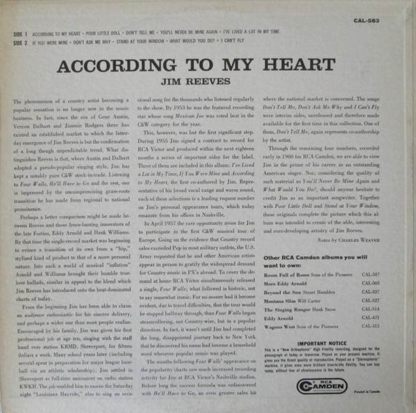 Jim Reeves - According To My Heart | RCA Camden (CAL-583) - 2 Jim Reeves - According To My Heart | RCA Camden (CAL-583) - 2