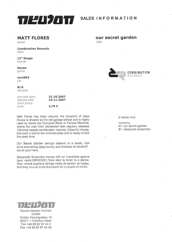 Matt Flores - Our Secret Garden | Combination Records (CORE 053)