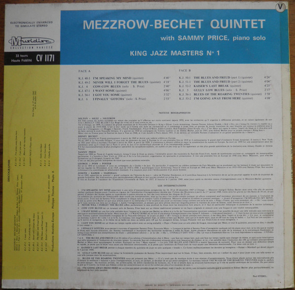 The Mezzrow-Bechet Quintet with Sammy Price - "I'm Speaking My Mind"  Vol. 1 (King Jazz Masters N° 1) | Musidisc (CV 1171) - 2
