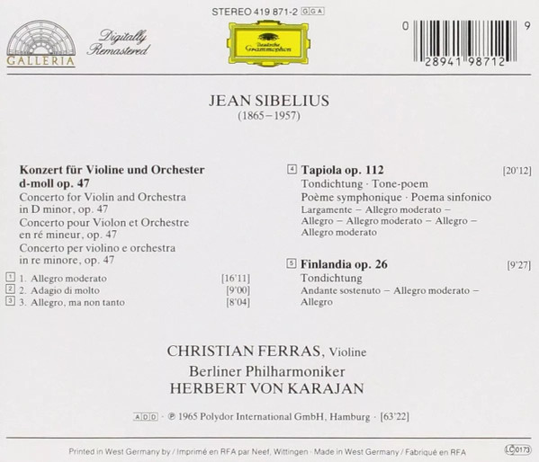 Jean Sibelius - Berliner Philharmoniker , Christian Ferras , Herbert Von Karajan - Violinkonzert - Finlandia - Tapiola | Deutsche Grammophon (419871-2) - main
