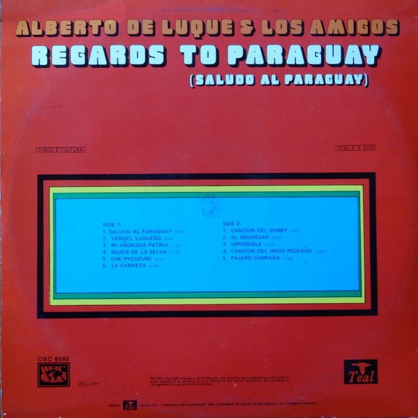 Alberto De Luque Y Los Amigos - Regards To Paraguay (Saludo Al Paraguay) | World Record Co. (ORC 6093) - 2 Alberto De Luque Y Los Amigos - Regards To Paraguay (Saludo Al Paraguay) | World Record Co. (ORC 6093) - 2