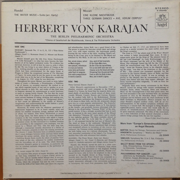 Wolfgang Amadeus Mozart , Georg Friedrich Händel - Sir Hamilton Harty , Herbert von Karajan , Berliner Philharmoniker , Philharmonia Orchestra , Wiener Singverein - Eine Kleine Nachtmusik; 3 German Dances; Ave Verum Corpus K.618; Water Music Suite [Vinyl] | Angel Records (S35948) - 2