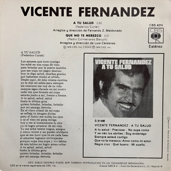Vicente Fernandez - A Tu Salud | CBS (CBS 4374) - 2