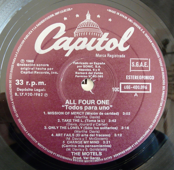 The Motels - All Four One = Todos Para Uno | Capitol Records (10C 066-400096) - 3