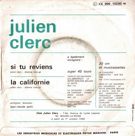 Julien Clerc - Si Tu Reviens / La Californie | Odeon (2 C006-10230 M) - 2