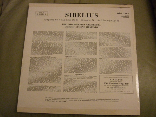 Jean Sibelius , The Philadelphia Orchestra , Eugene Ormandy - Symphony No. 4 In A Minor, Op. 63 / Symphony No. 5 In E-Flat Major, Op. 82 | Philips (ABL 3084) - 2