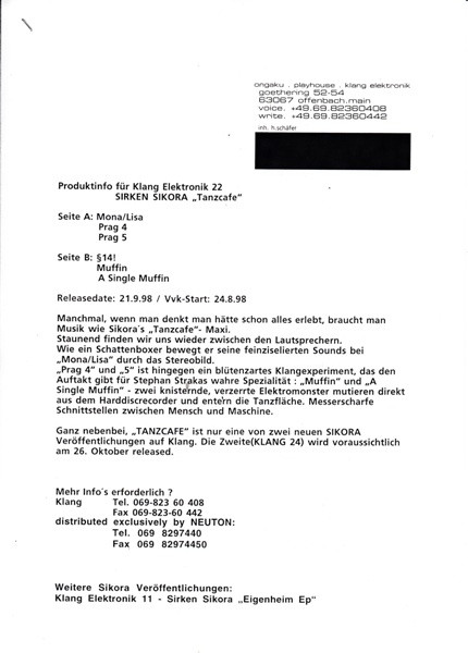 Sikora - Tanzcafé | Klang Elektronik (KLANG  22) - 2