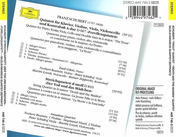 Franz Schubert – Emil Gilels , Amadeus-Quartett , Rainer Zepperitz - "Forellenquintett" • Quartett "Der Tod Und Das Mädchen" = "Trout" Quintet • "Death And The Maiden" Quartet | Deutsche Grammophon (449 746-2) - 3