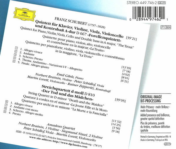 Franz Schubert – Emil Gilels , Amadeus-Quartett , Rainer Zepperitz - "Forellenquintett" • Quartett "Der Tod Und Das Mädchen" = "Trout" Quintet • "Death And The Maiden" Quartet | Deutsche Grammophon (449 746-2) - 2