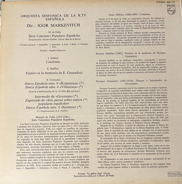 Enrique Granados , Manuel De Falla , Isaac Albéniz , Orquesta Sinfónica de RTVE • Soprano: Ángeles Chamorro Dir.  Igor Markevitch - Siete Canciones Populares Españolas / Catalonia / Fanfare / Danzas Españolas | Philips (839 775 LY) - 2