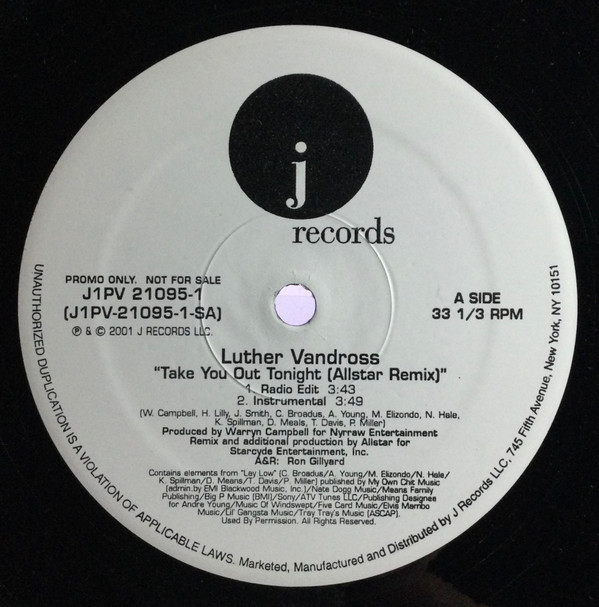 Luther Vandross - Take You Out Tonight (Allstar Remix) | J Records (J1PV-21095-1)