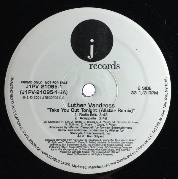 Luther Vandross - Take You Out Tonight (Allstar Remix) | J Records (J1PV-21095-1) - 2