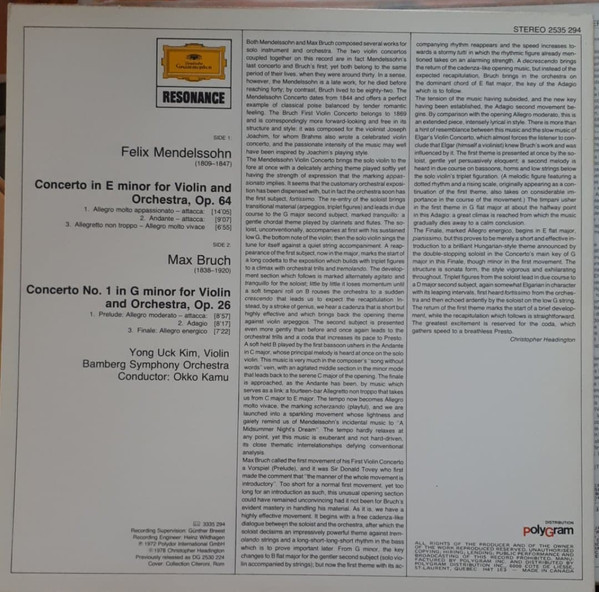 Felix Mendelssohn-Bartholdy • Max Bruch - Yong Uck Kim , Bamberger Symphoniker • Okko Kamu - Violinkonzerte • Violin Concertos | Deutsche Grammophon (2530 224) - 2