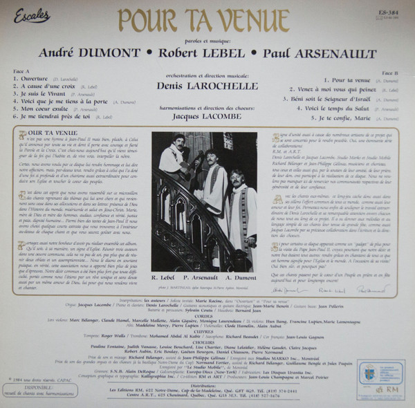 André Dumont - Robert Lebel - Paul Arsenault - Pour Ta Venue | Escales (ES-384) - 2