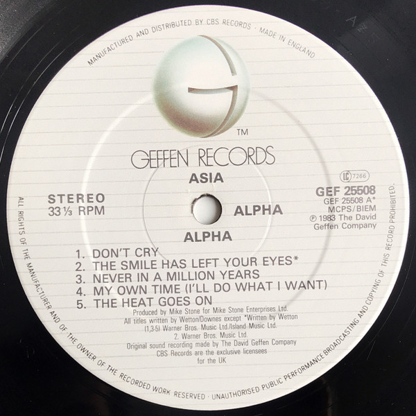Asia - Alpha | Geffen Records (GEF 25508) - 3