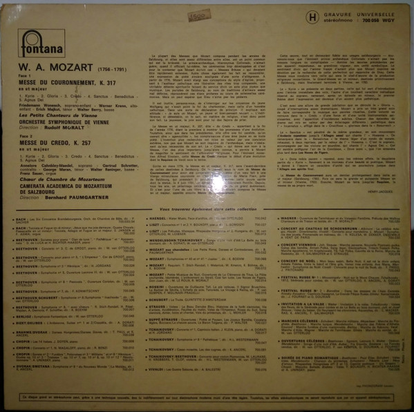 Wolfgang Amadeus Mozart - Wiener Symphoniker & Die Wiener Sängerknaben , Camerata Academica Salzburg & Der Mozarteumchor Salzburg - « Messe Du Couronnement », K.317 / « Messe Du Credo», K.257 | Fontana (700 056 WGY) - 2 Wolfgang Amadeus Mozart - Wiener Symphoniker & Die Wiener Sängerknaben , Camerata Academica Salzburg & Der Mozarteumchor Salzburg - « Messe Du Couronnement », K.317 / « Messe Du Credo», K.257 | Fontana (700 056 WGY) - 2