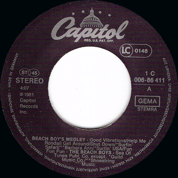 The Beach Boys - Beach Boy's Medley | Capitol Records (1C 006-86 411) - 3 The Beach Boys - Beach Boy's Medley | Capitol Records (1C 006-86 411) - 3
