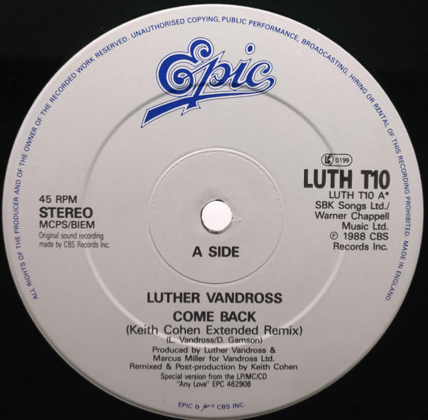 Luther Vandross - Come Back | Epic (LUTH T10) - 3