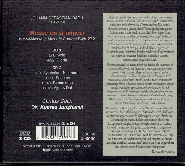 Johann Sebastian Bach , Cantus Cölln , Konrad Junghänel - H-Moll-Messe = Messe En Si Mineur | Harmonia Mundi France (HMC 901813.14) - 2