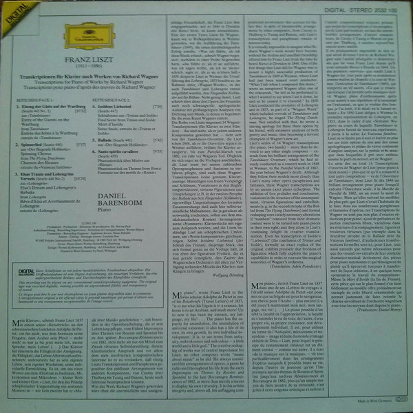 Franz Liszt , Daniel Barenboim - Transkriptionen Für Klavier Nach Werken von Richard Wagner | Deutsche Grammophon (2532 100) - main