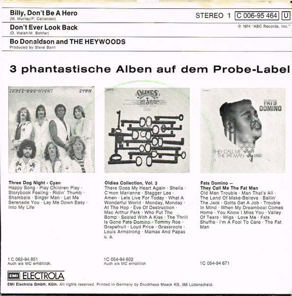 Bo Donaldson & The Heywoods - Billy, Don't Be A Hero | Probe (1C 006-95 464) - 2