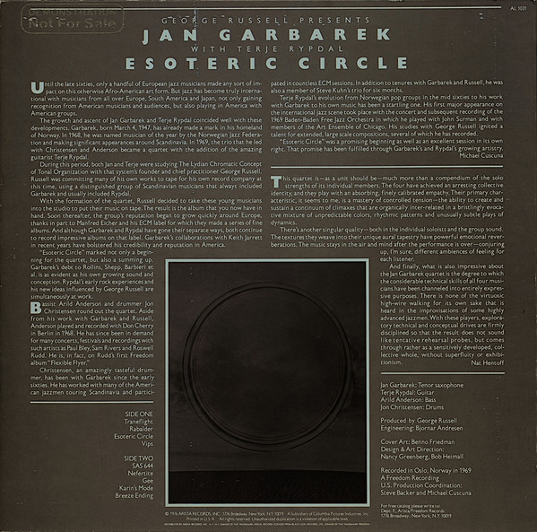 George Russell Presents Jan Garbarek With Terje Rypdal - Esoteric Circle [Vinyl] | Arista (AL 1031) - 2