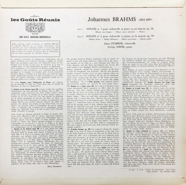 Johannes Brahms - Janos Starker & György Sebök - Deux Sonates Pour Violoncelle & Piano | Erato (EGR 4005) - 2 Johannes Brahms - Janos Starker & György Sebök - Deux Sonates Pour Violoncelle & Piano | Erato (EGR 4005) - 2
