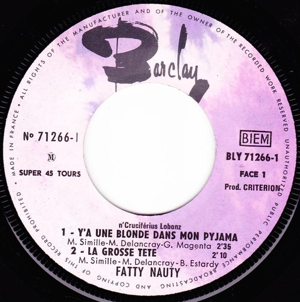 Fatty Nauty - Y'a Une Blonde Dans Mon Pyjama  / La Grosse Tête / A Tumba (Part 1& 2) | Barclay (71266) - 3