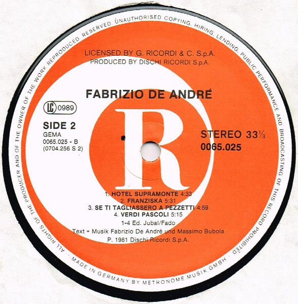 Fabrizio De André - Fabrizio De Andre' | Ricordi (0065.025) - 4
