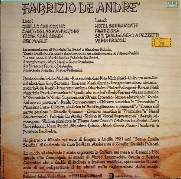 Fabrizio De André - Fabrizio De Andre' | Ricordi (0065.025) - 2