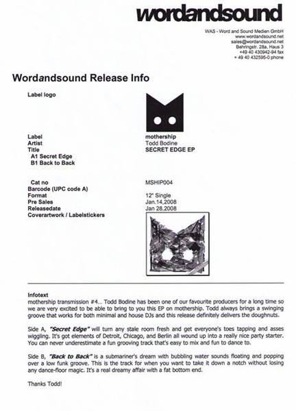 Todd Bodine - Secret Edge EP | Mothership (MSHIP004) - 2