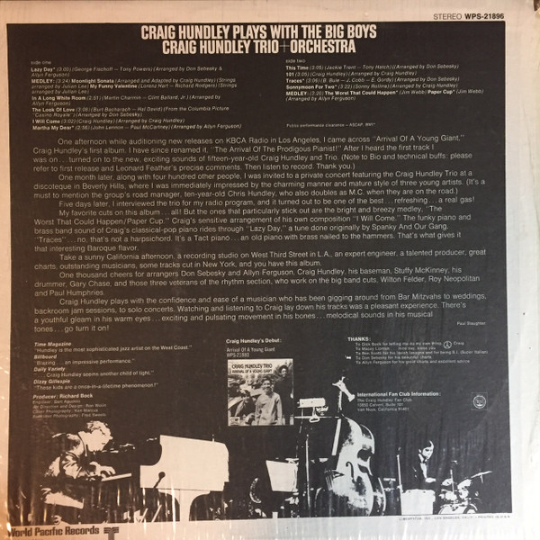 Craig Hundley Trio + Orchestra - Craig Hundley Trio Plays With The Big Boys | World Pacific Records (WPS-21896) - 2