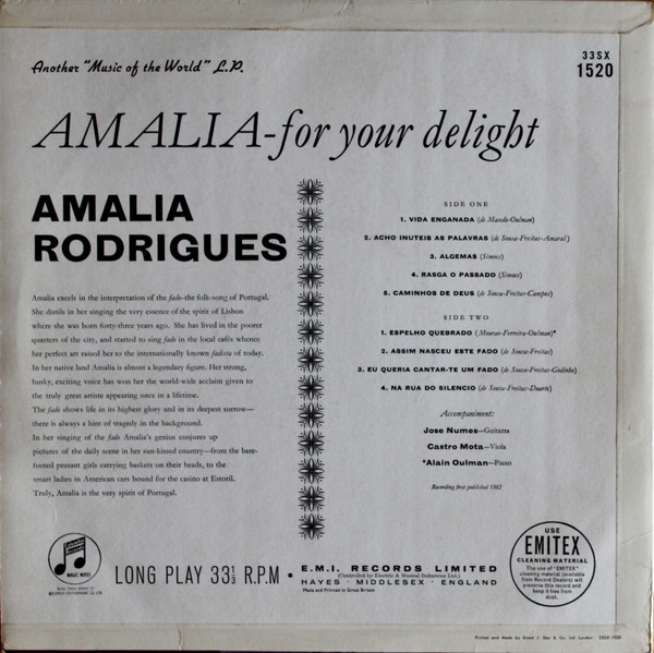 Amália Rodrigues - Amalia For Your Delight | Columbia (33SX 1520) - 2