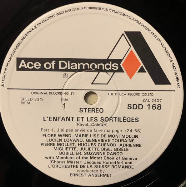 Maurice Ravel - Motet Choir Of Geneva , L'Orchestre De La Suisse Romande , Ernest Ansermet - L'Enfant Et Les Sortilèges | Ace Of Diamonds (SDD 168) - 4 Maurice Ravel - Motet Choir Of Geneva , L'Orchestre De La Suisse Romande , Ernest Ansermet - L'Enfant Et Les Sortilèges | Ace Of Diamonds (SDD 168) - 4