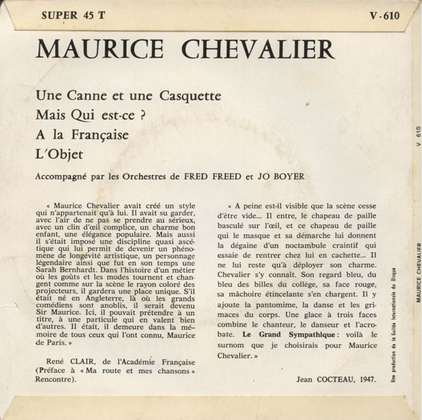 Maurice Chevalier Accompagné Par Les Orchestres De Fred Freed Et Jo Boyer - Une Canne Et Une Casquette | Concert Hall (V - 610) - 2