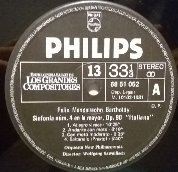 Felix Mendelssohn-Bartholdy - Sinfonía N.º 4 En La Mayor, Op. 90 "Italiana" / "El Sueño De Una Noche De Verano", Op. 21 Y Op. 61 | Philips (68 51 052) - 3